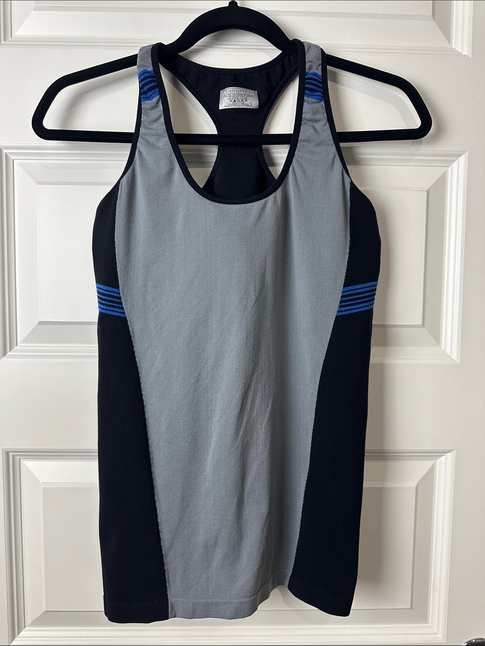 Athlete Women's Grey & Black Racerback Activewear Top with Blue Accents Large